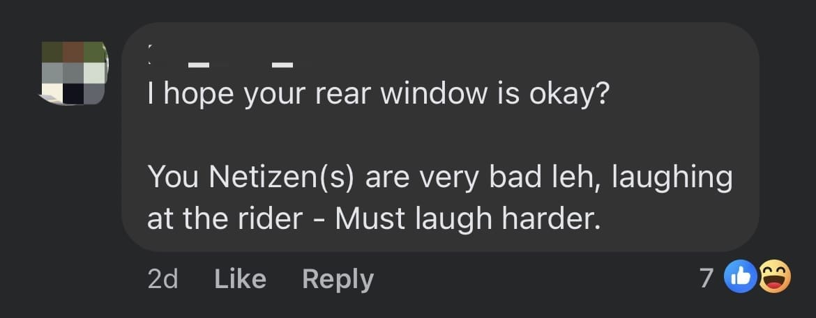 Inattentive SG Rider Smashes Face Right Into Car Window With Mouth Wide Open comment 2