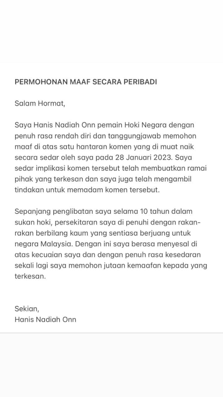 Hanis Onn's apology