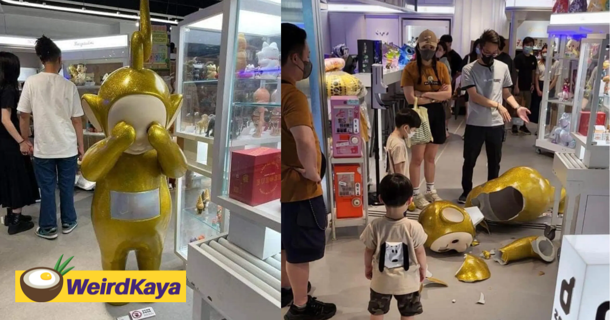 Hk man made to pay rm18,700 after son breaks 1. 8m tall golden teletubby figure | weirdkaya