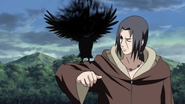 A scene from Naruto anime series, showing Itachi Uchiha and his crow