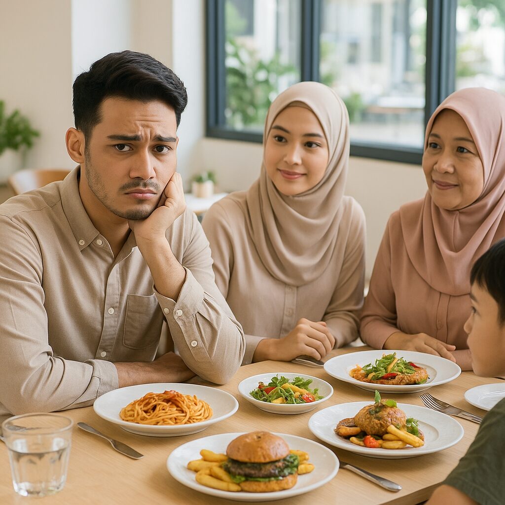 Man eating with girlfriend family