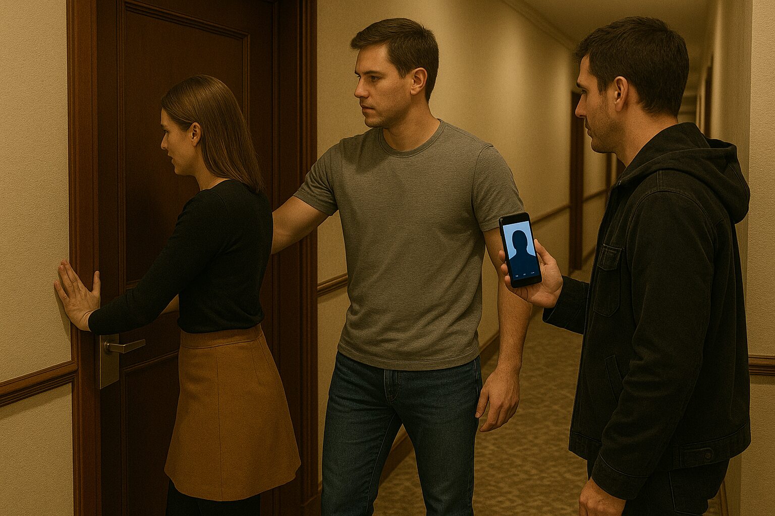 MAN HELPING WOMAN TO ENTER HER HOTEL ROOM