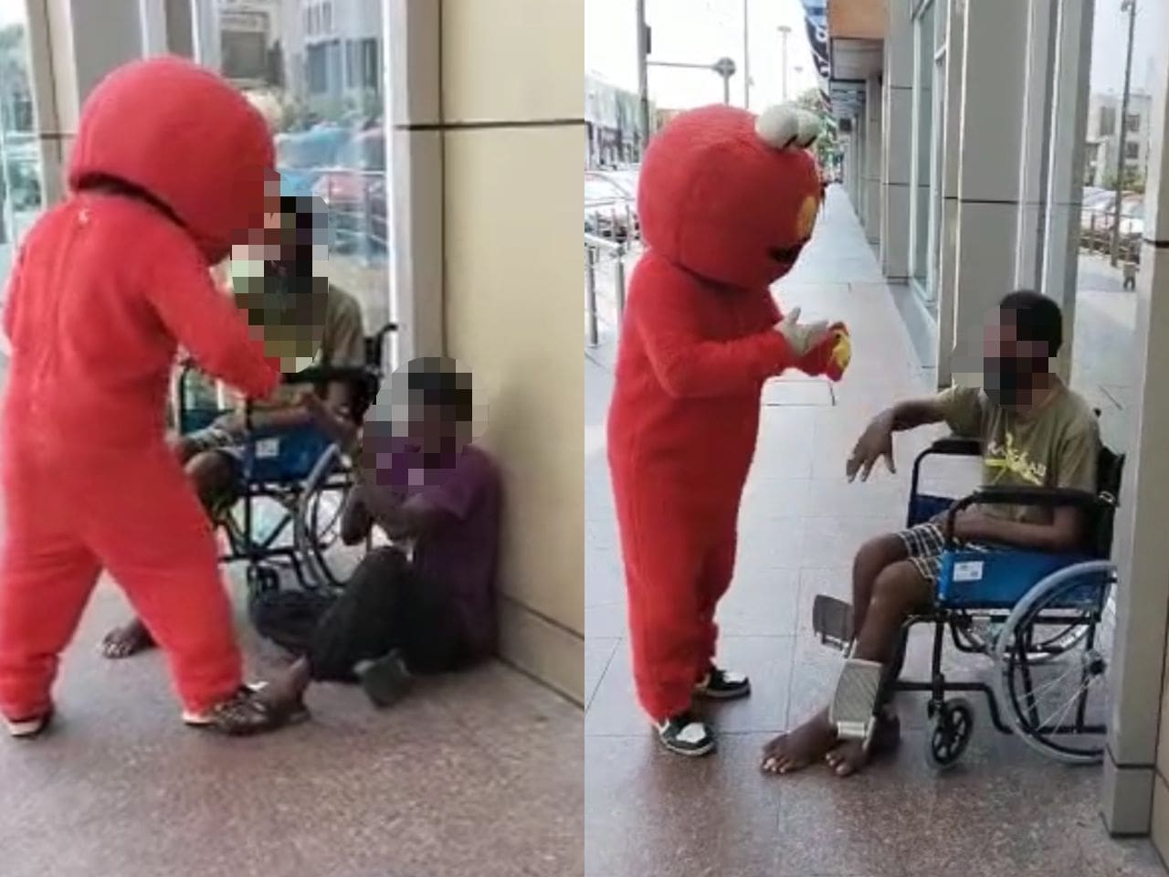 Man in Elmo costume punching victim outside a mall