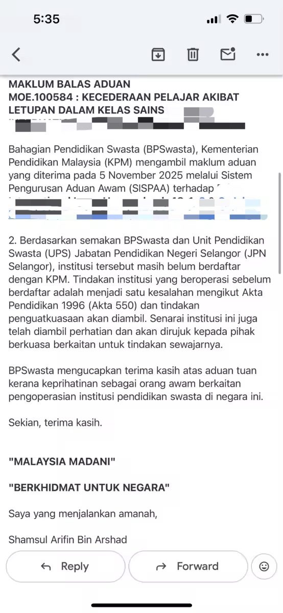 MOE letter saying school wasn't registered