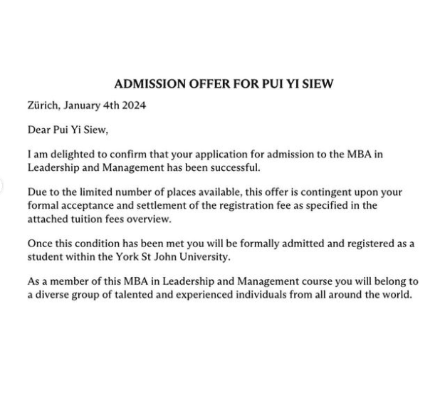 Ms Pui Yi Offer Letter to MBA programme