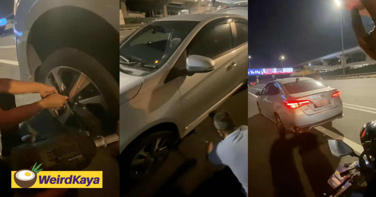 M’sian Delivery Rider Stops On Highway To Help E-Hailing Driver Change Tyre, Comes Prepared With Full Toolkit