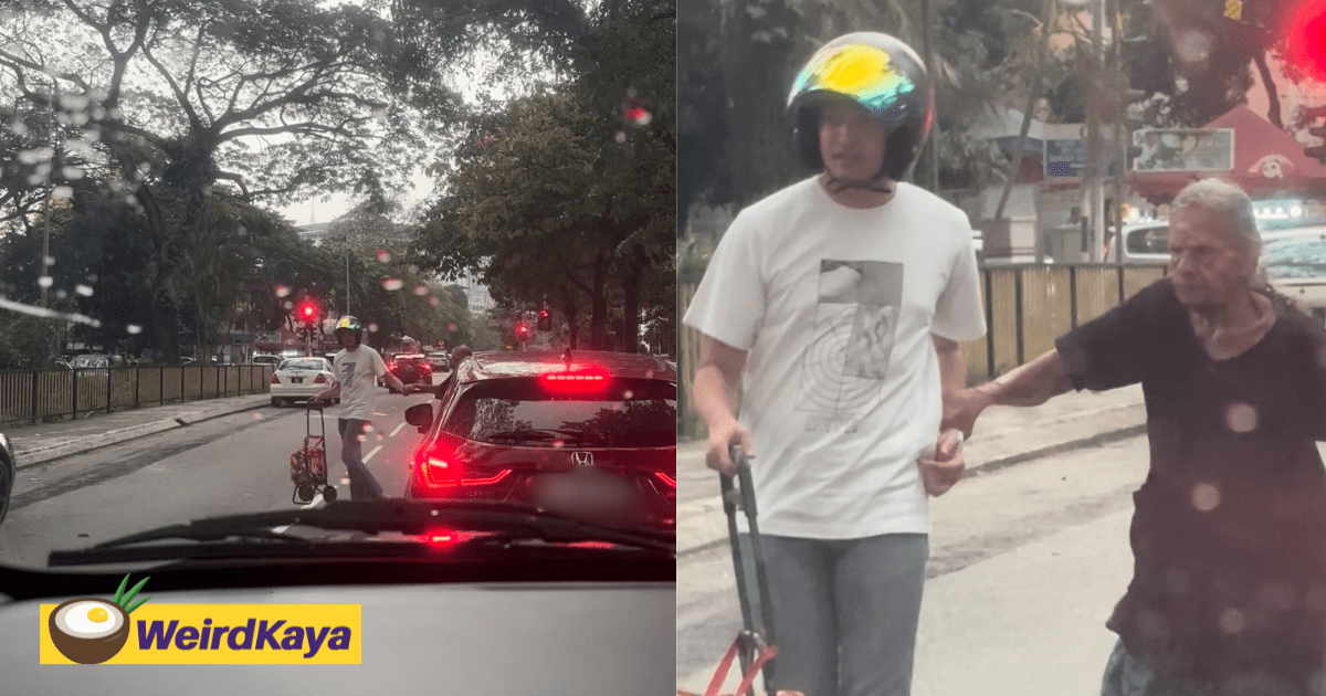 M'sian Man Helps Elderly Woman Cross Road & Carries Her Trolley With Care
