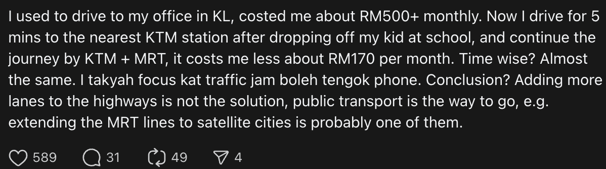 M’sian Shares How Driving To Train Station, Commuting To Work Saves Her More Than RM300 Monthly