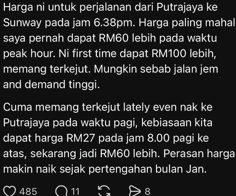 M’sian Stunned By RM106 Fare For Trip From Putrajaya To Sunway, Says It's 'Much Higher' Lately