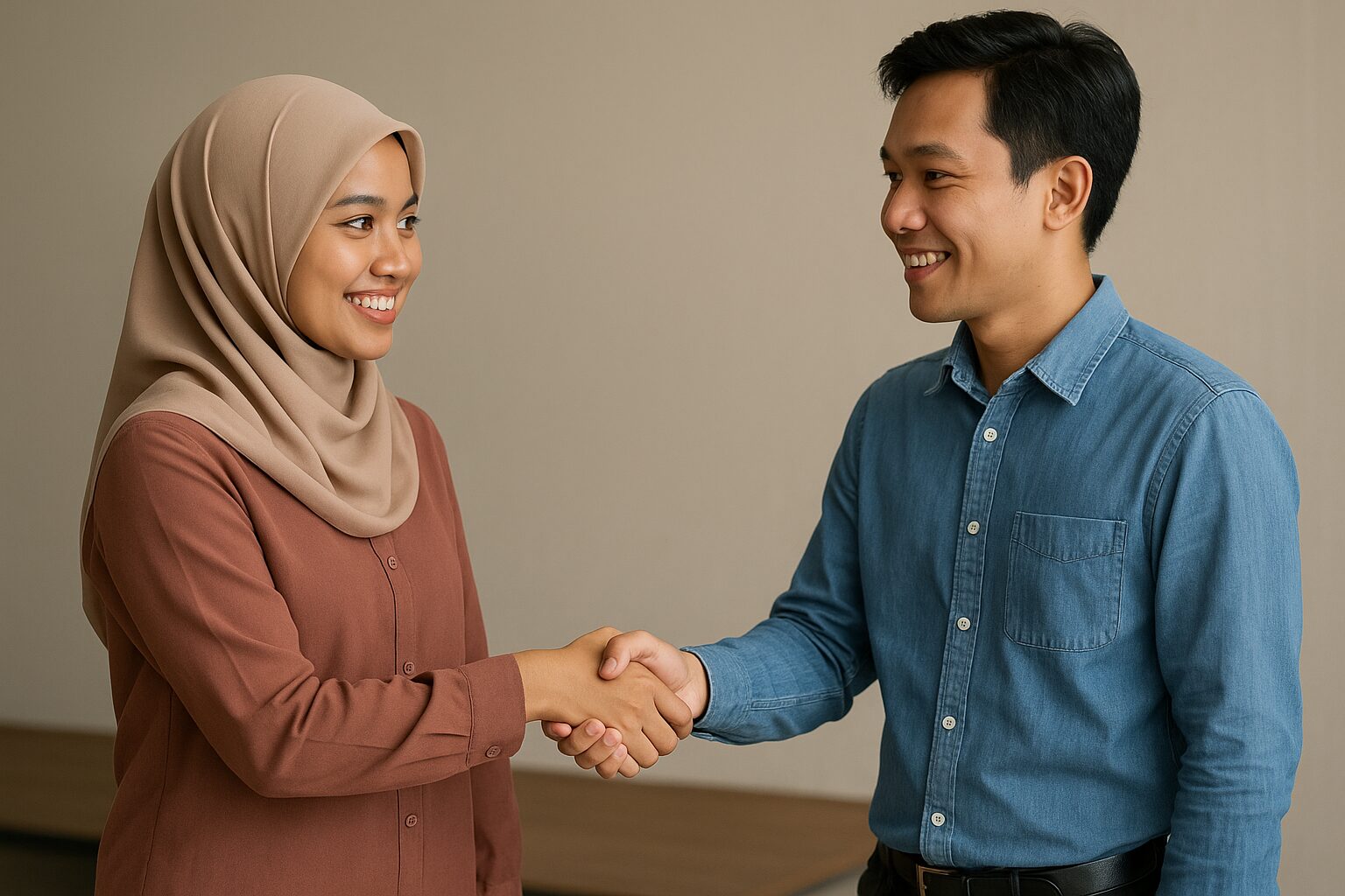 M'sian woman and man shaking hands