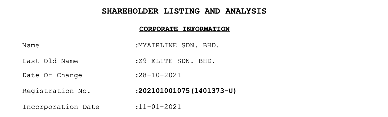 MYAirline Corportate Information