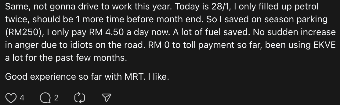 netizen comment- M’sian Shares How Driving To Train Station, Commuting To Work Saves Her More Than RM300 Monthly