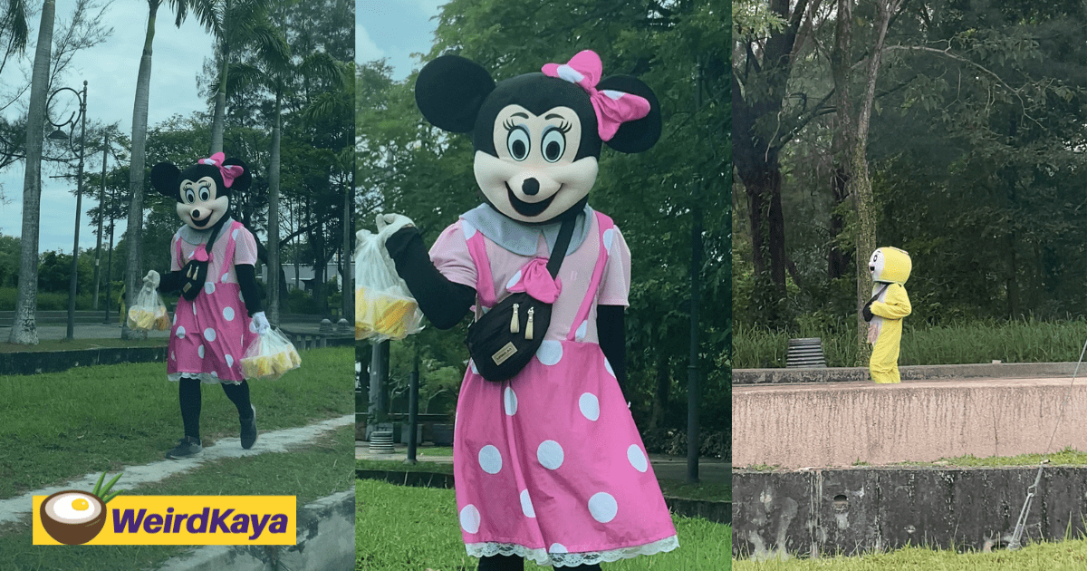 Netizen Stumped By Scary Minnie Mouse Mascot Selling Pickled Fruits By The Roadside