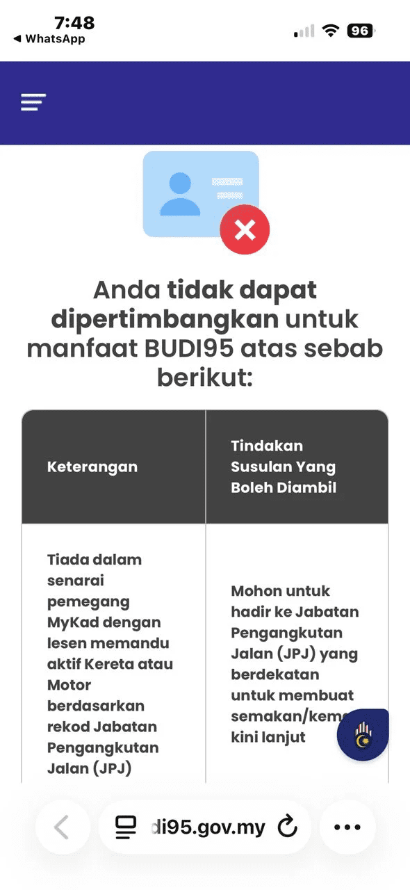 No-go notification for Budi95