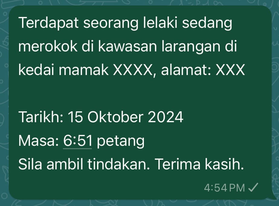 No Smoking message complaint to KKM