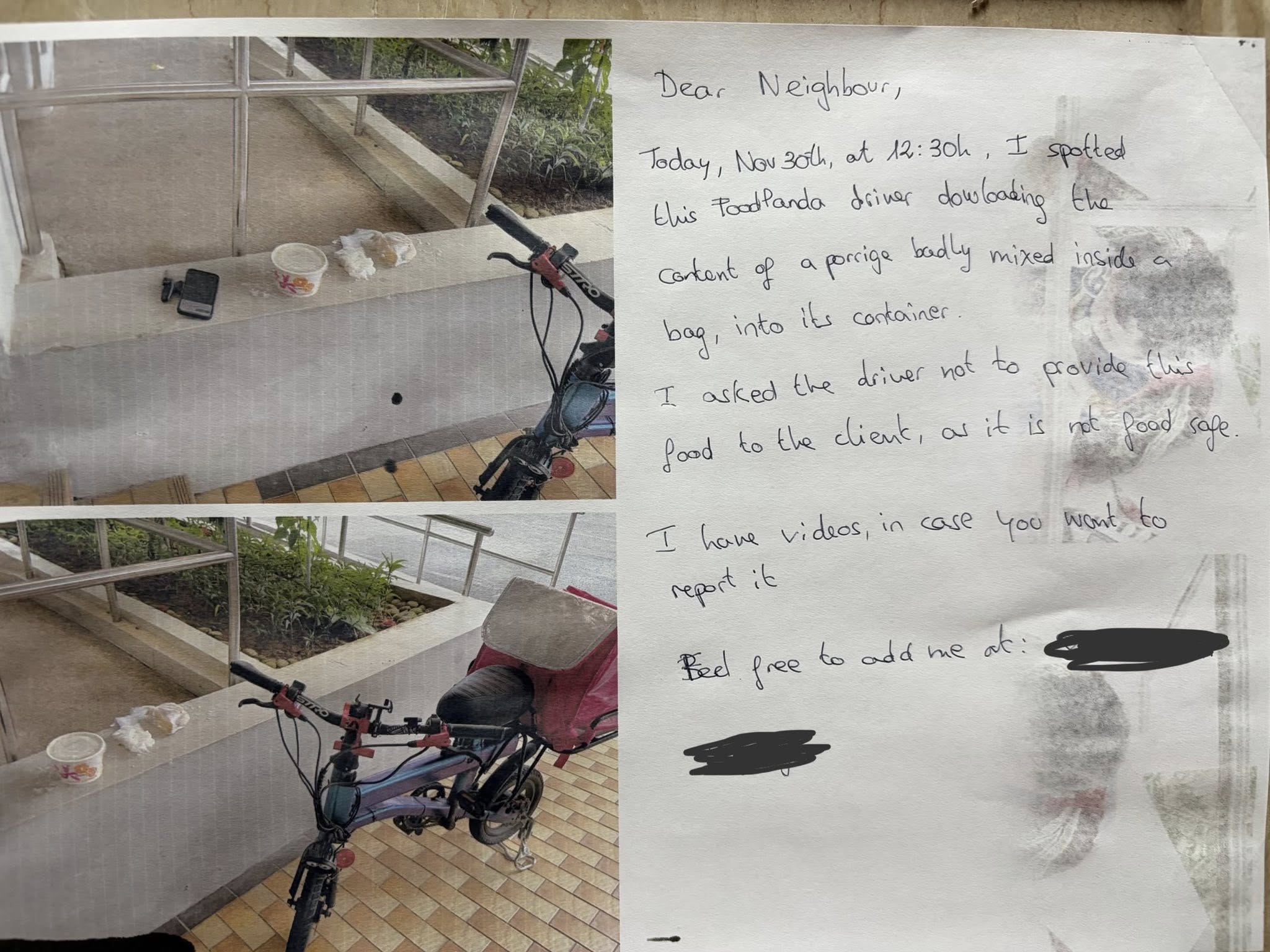 Note left by neighbour over spilt porridge