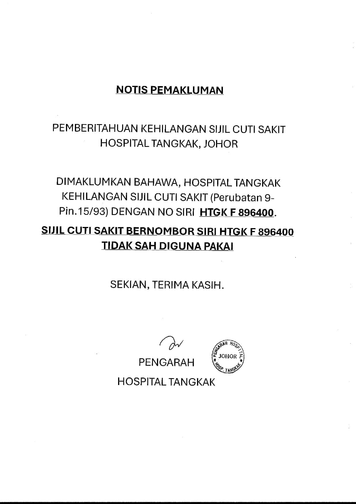 Notice from Hospital Tangkak