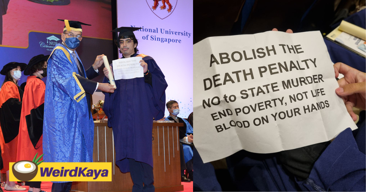 Nus graduate holds up sign supporting the abolishment of death penalty during convocation | weirdkaya