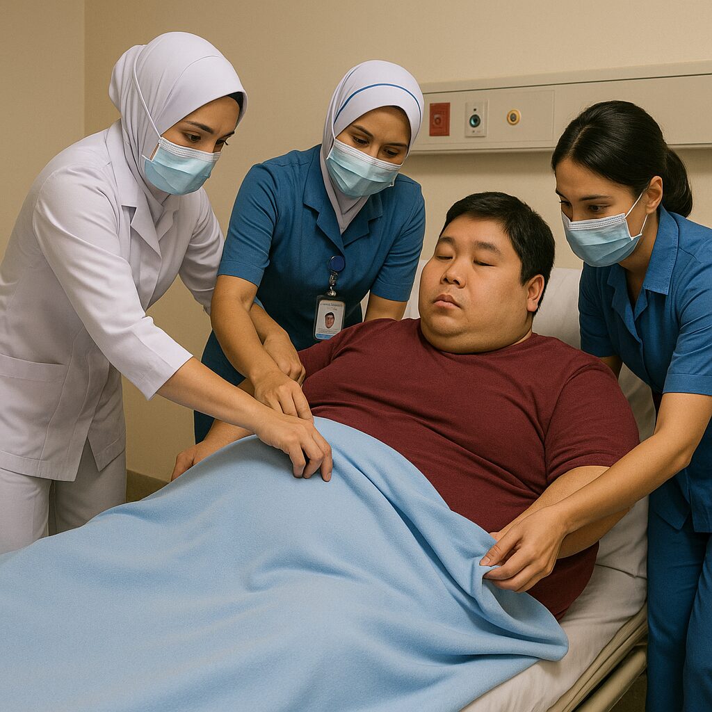 obese dude cared by 3 nurses