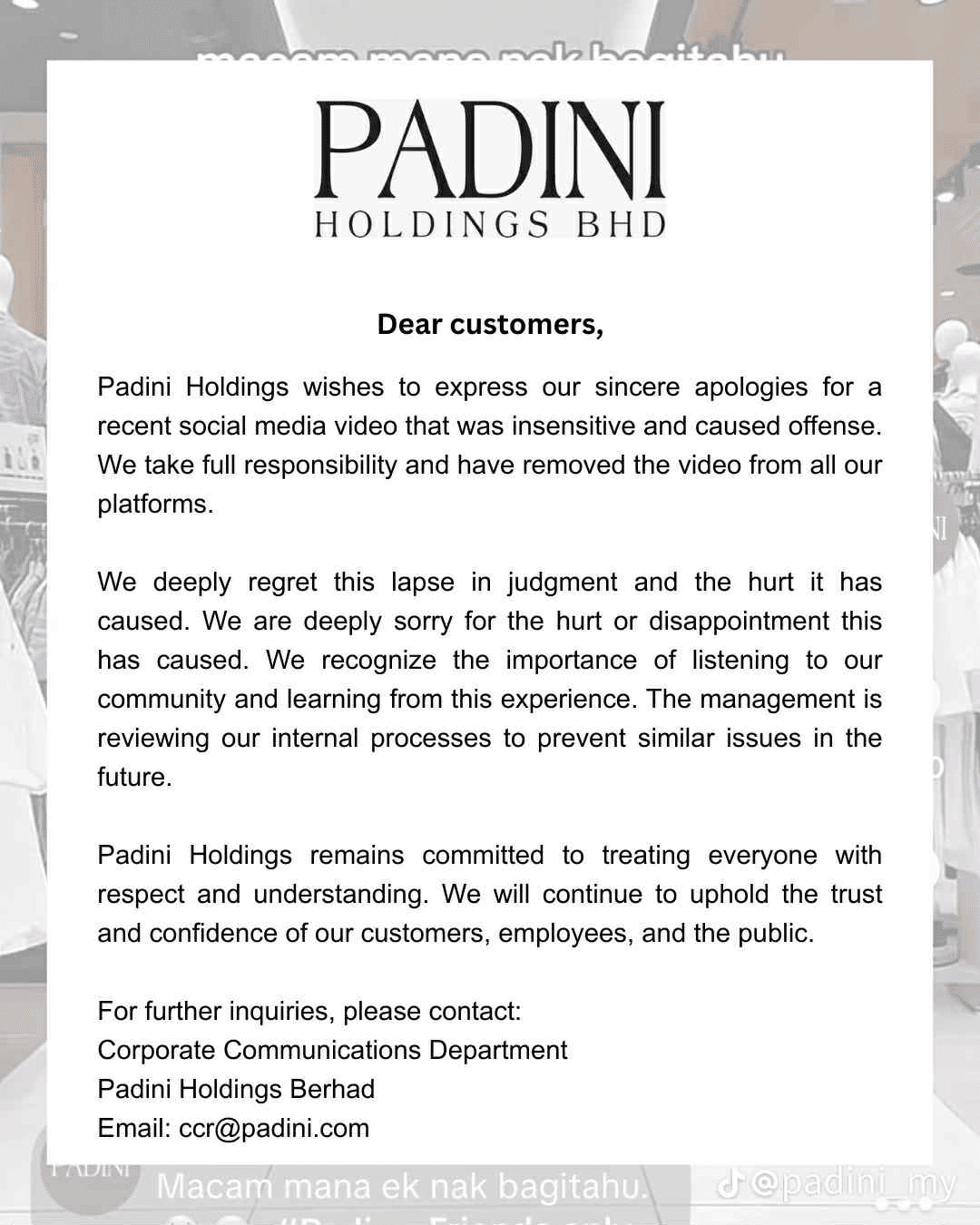 Padini apology statement