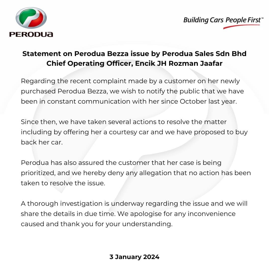 Perodua's statement on Perodua Bezza which spoilt after 8 hours