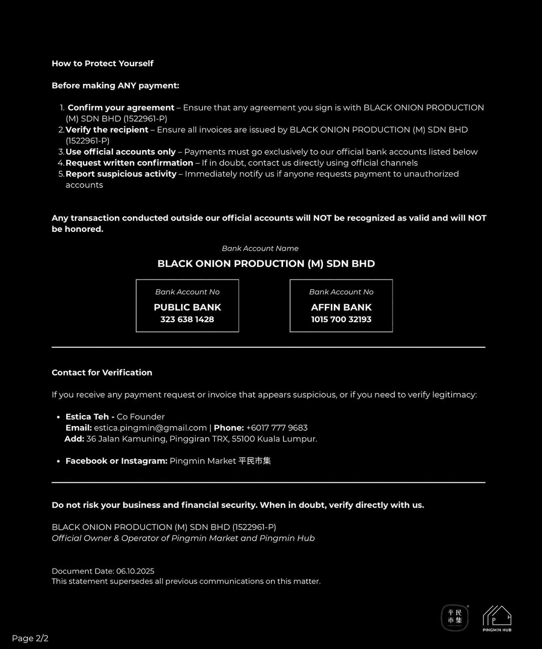 Pingmin Market closure statement 2