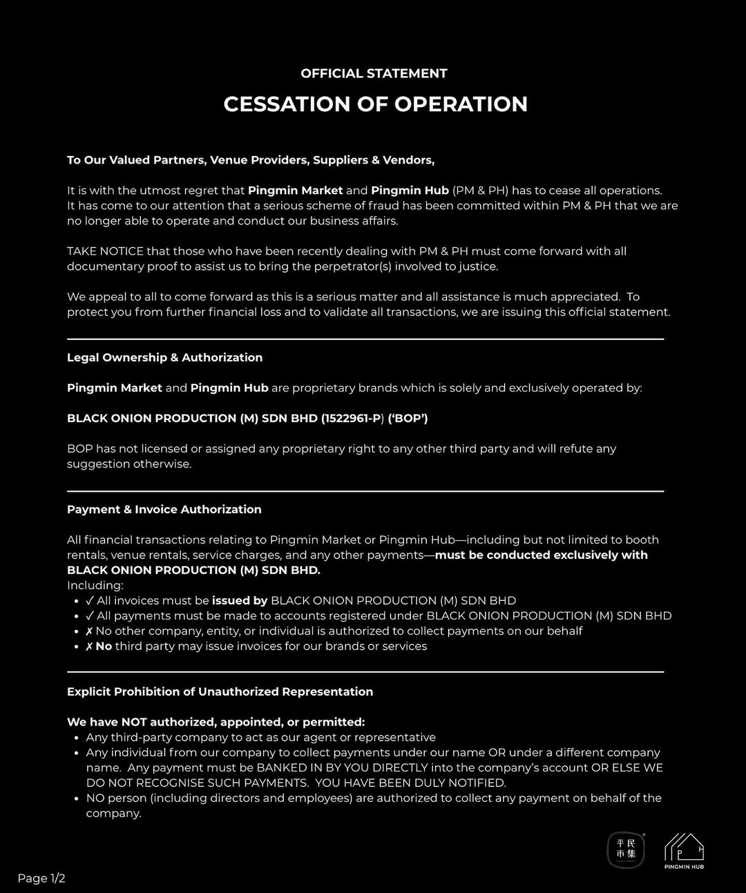 Pingmin Market closure statement
