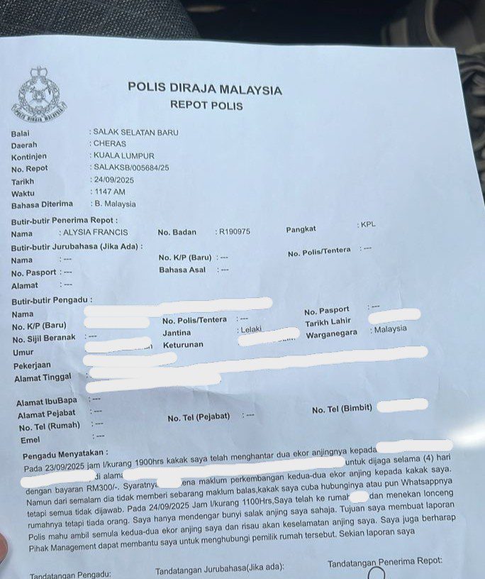 Police rpeort on missing dog