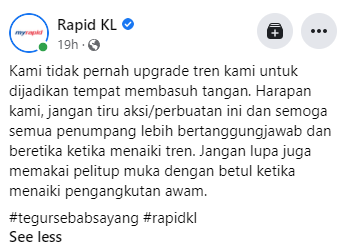 Rapidkl's response to the video of woman washing her hands in lrt