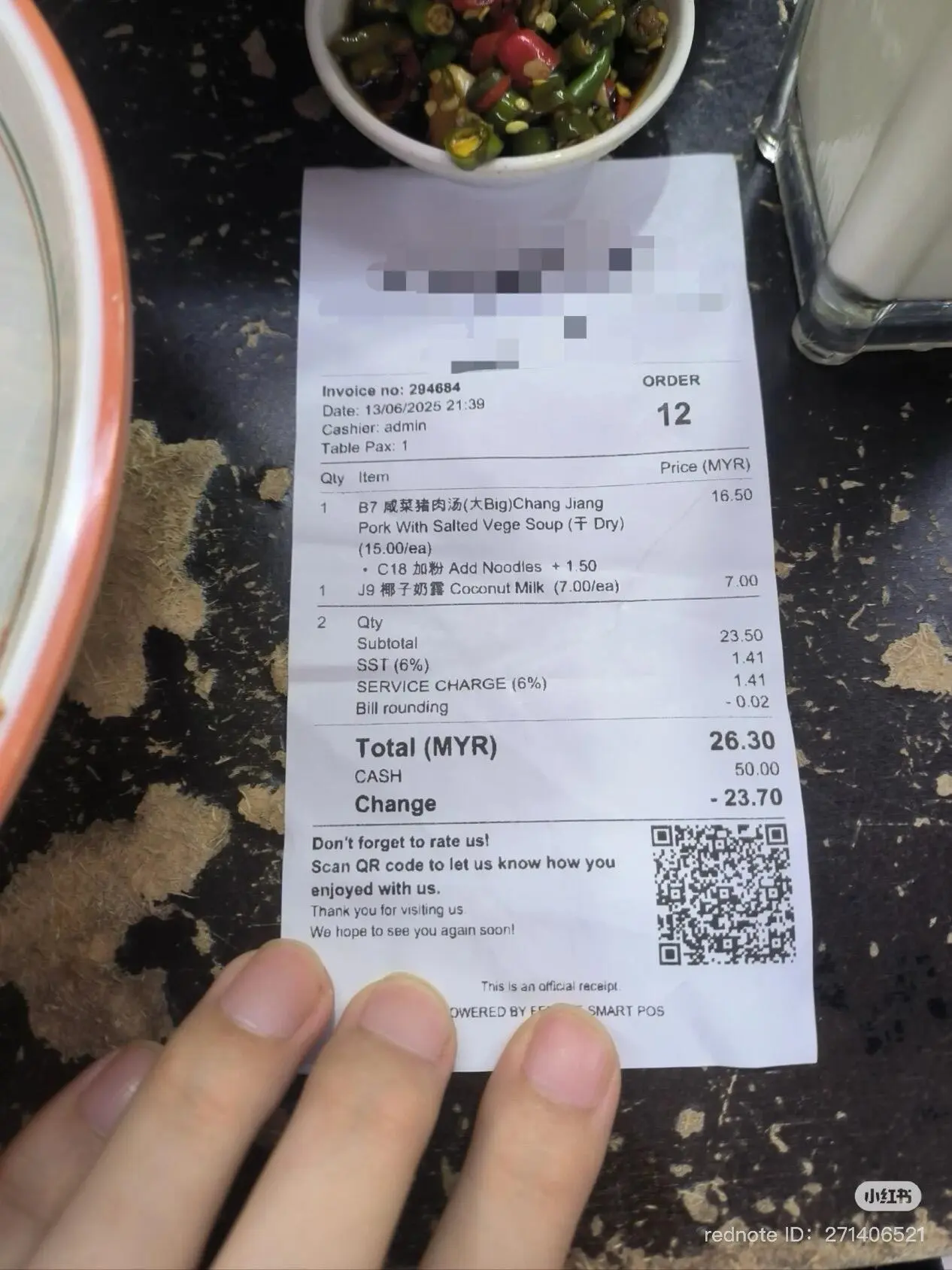 Receipt of meal paid by M'sian woman for China tourist