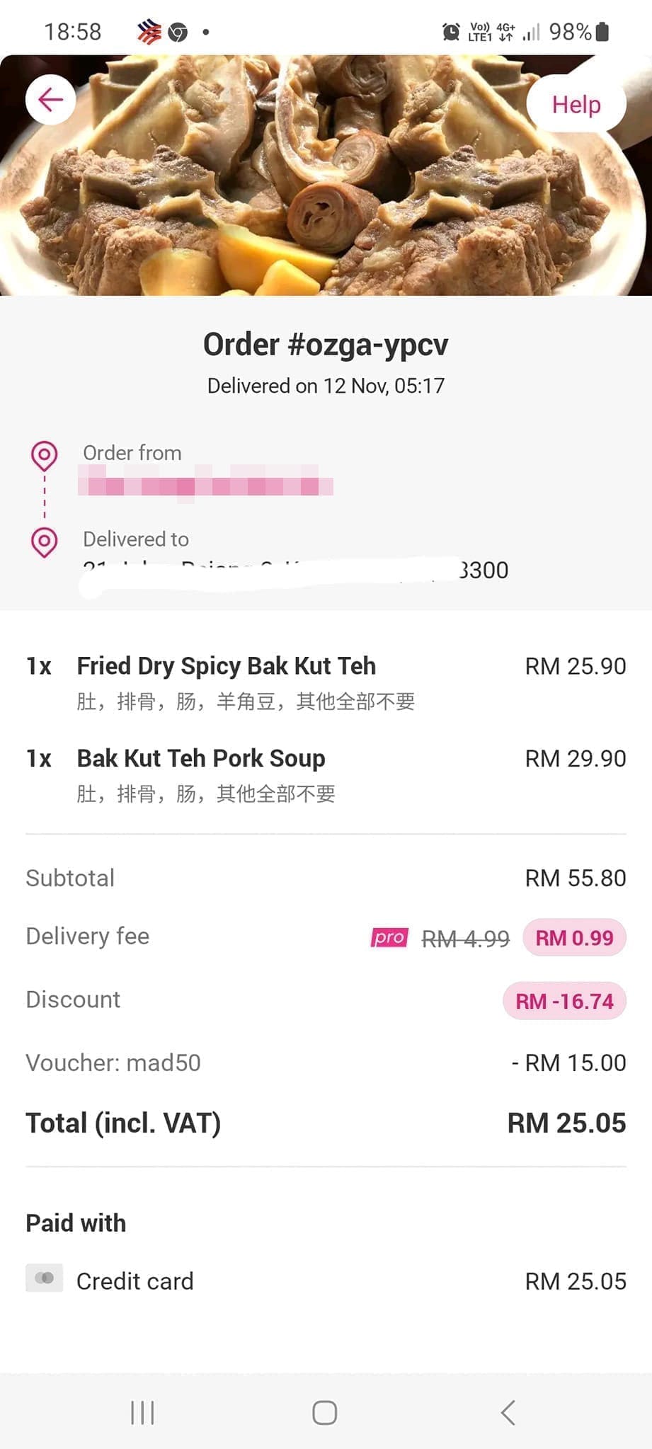 Receipt of RM30 Bak Kut Teh Delivery