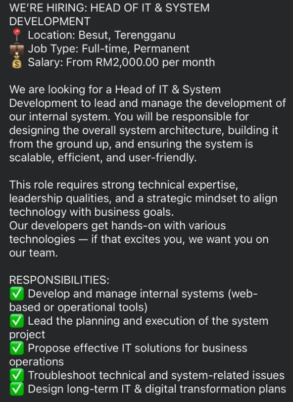 'RM2K For Head of IT?' - M’sians Slam Terengganu Company For Offering Senior Tech Role With Entry-Level Pay