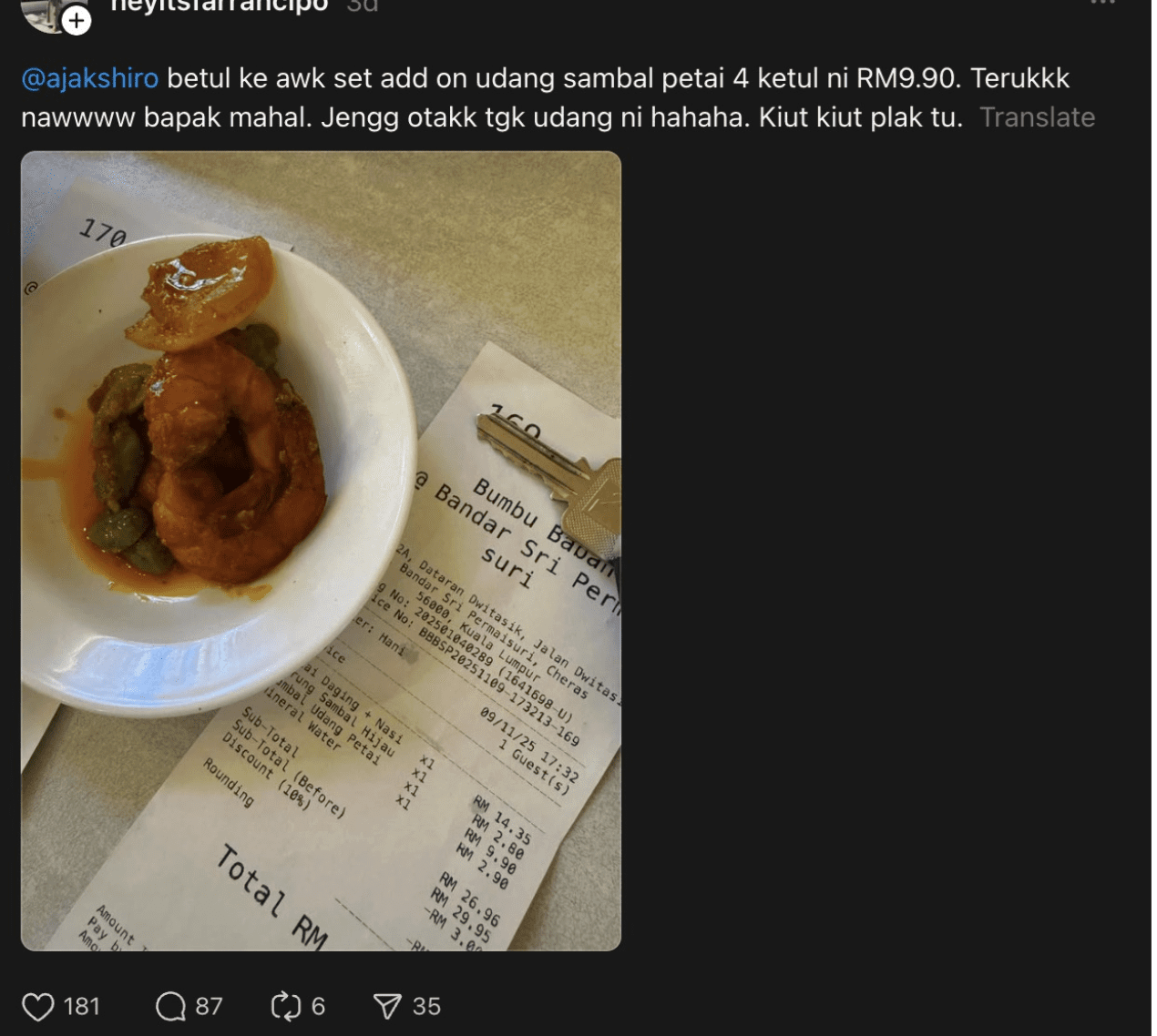 'RM9.90 For 4 Prawns Only?' — M’sian Complains About Sambal Udang Price, Gets Mixed Reactions