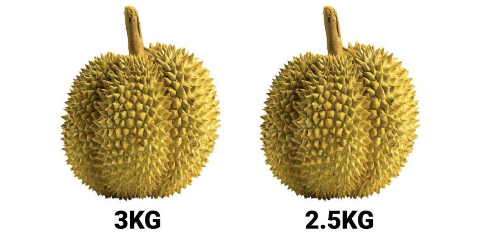 Durians side by side; 3kg vs 2.5kg