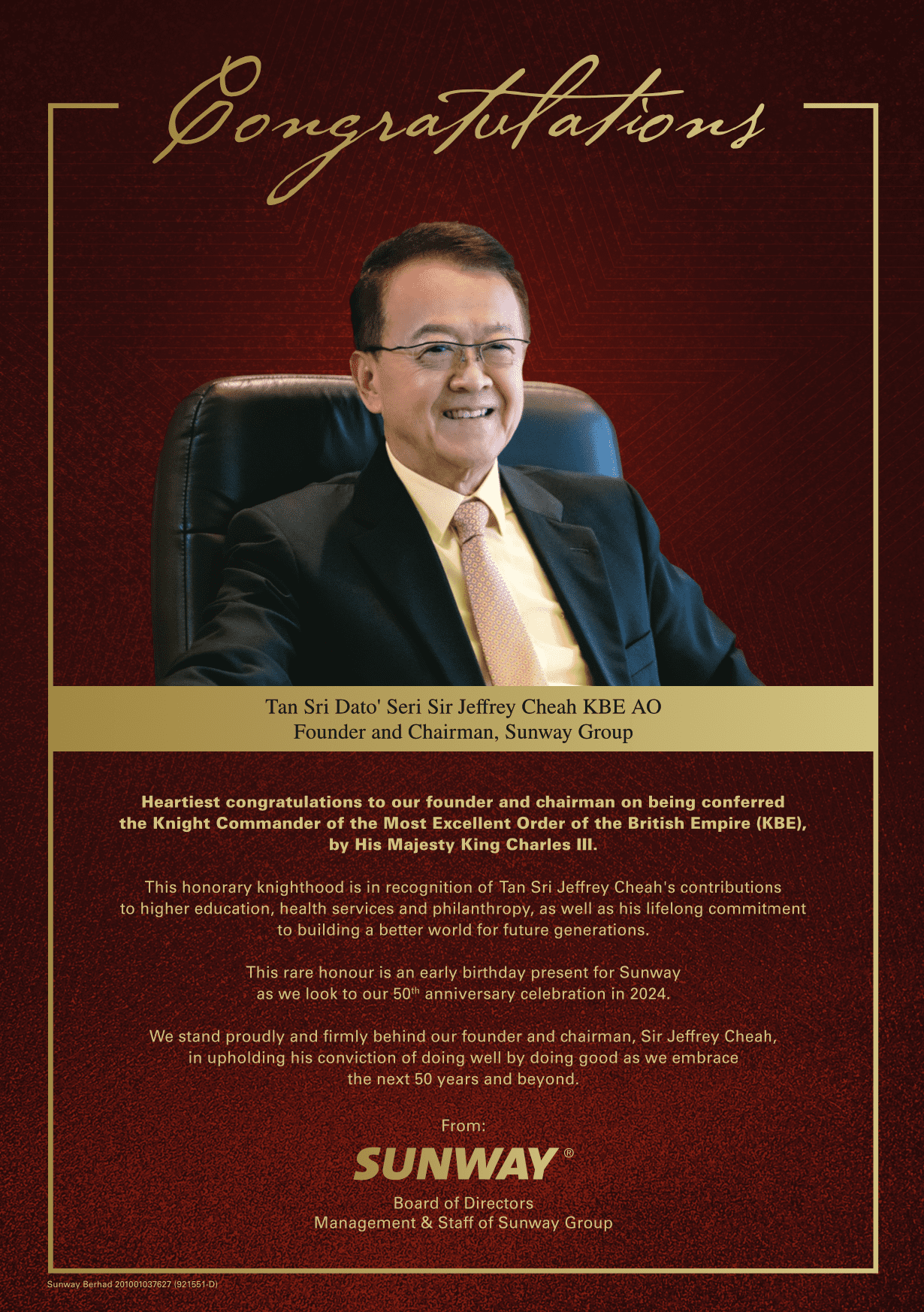 Tan Sri Dato’ Seri (Dr) Jeffrey Cheah Conferred Top UK Honorary Award Poster