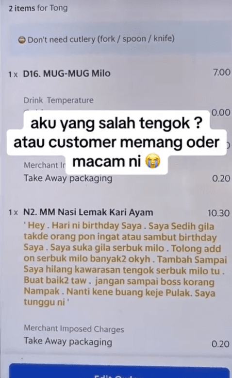 Customer asks for Milo powder to be put on nasi lemak