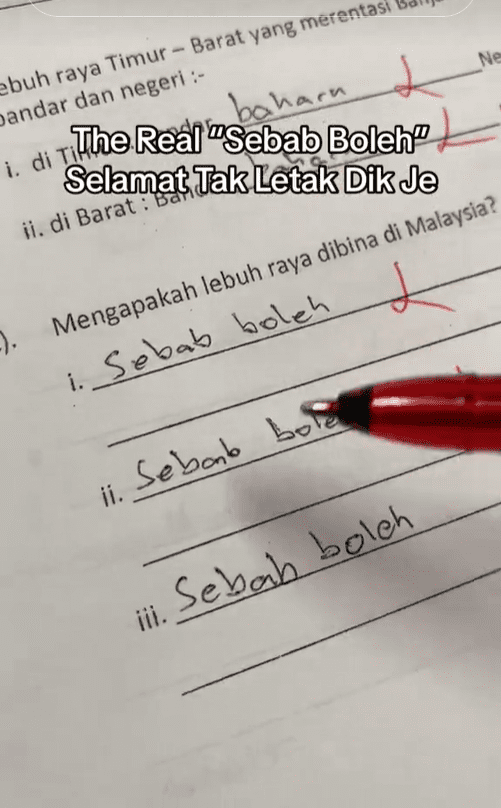 M'sian Student Writes 'Sebab Boleh Dik' Catchphrase On Exam Paper, Leaves Teacher Perplexed