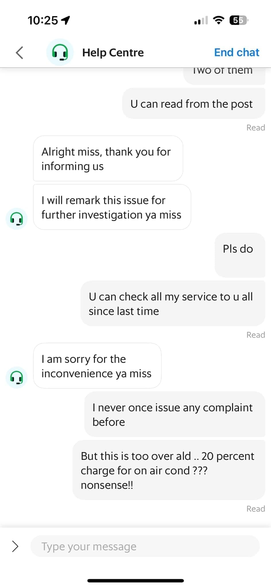 screenshot of conversation between passenger and help centre