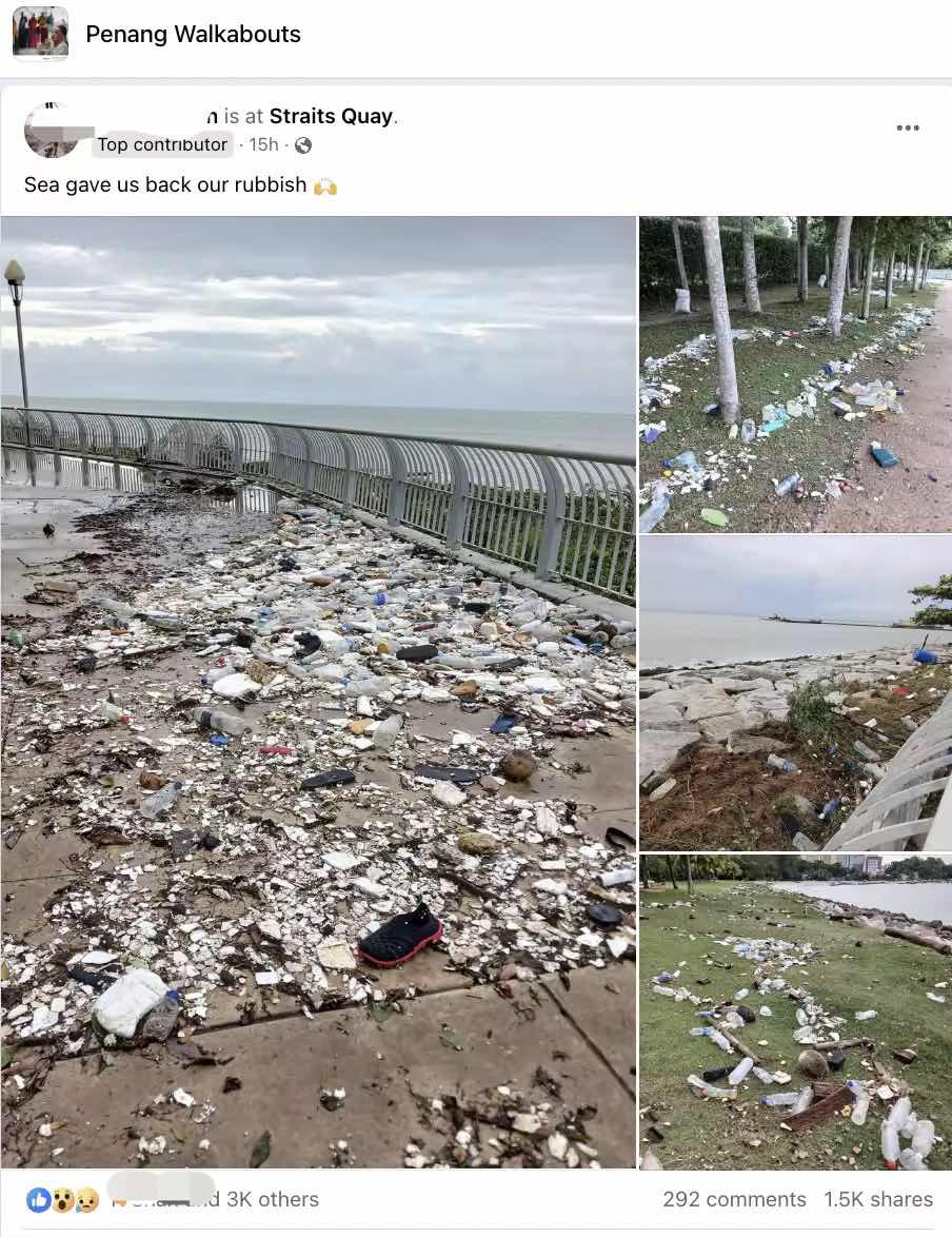 “Sea Returned Our Rubbish” – Netizens Saddened as Penang’s Coastal Path Flooded with Trash After Big Waves