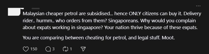 SG Woman Slams M'sians Who Complain About S'poreans Using RON95 For 'Stealing' Jobs From Locals comment 2