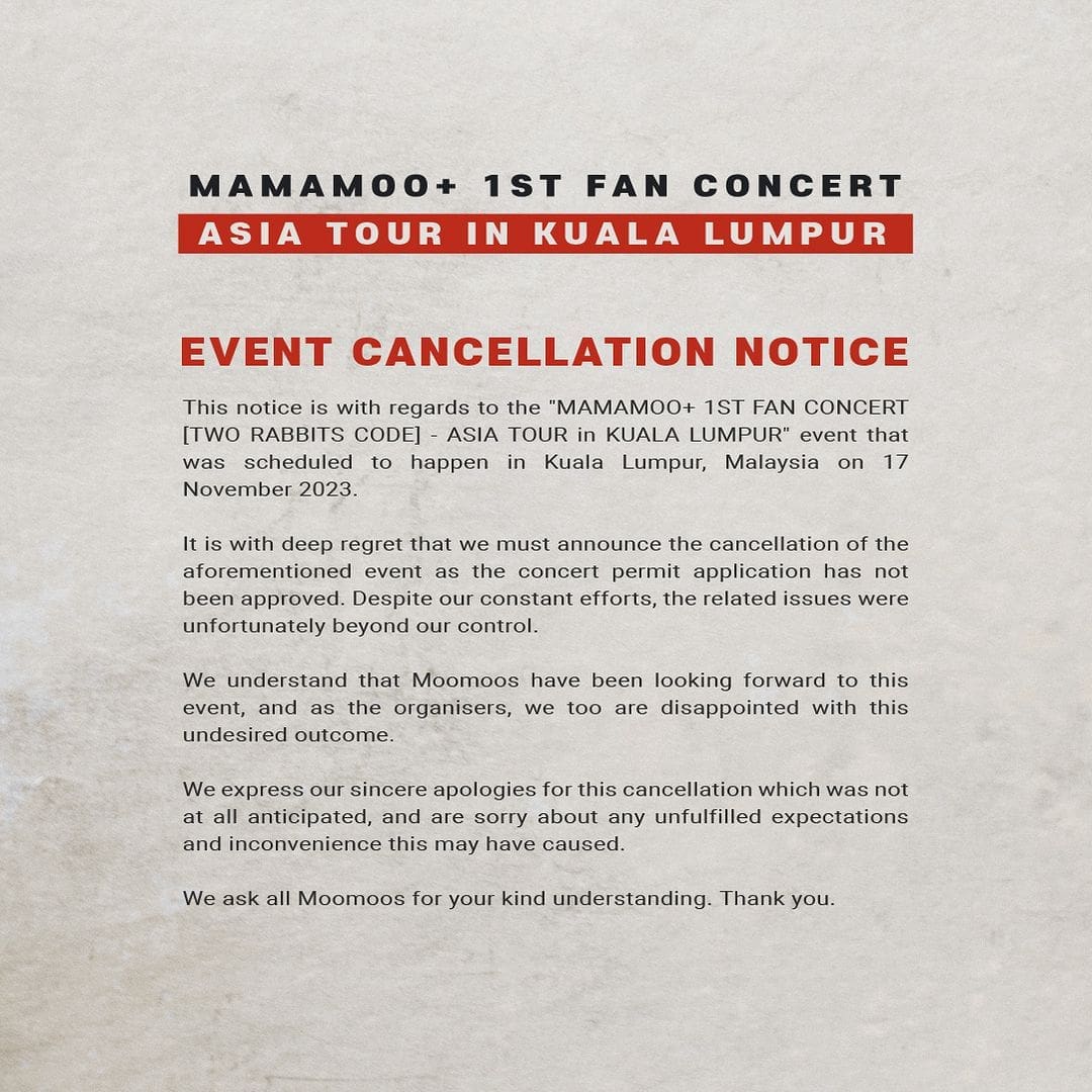 Notice of MAMAMOO concert cancellation Malaysia