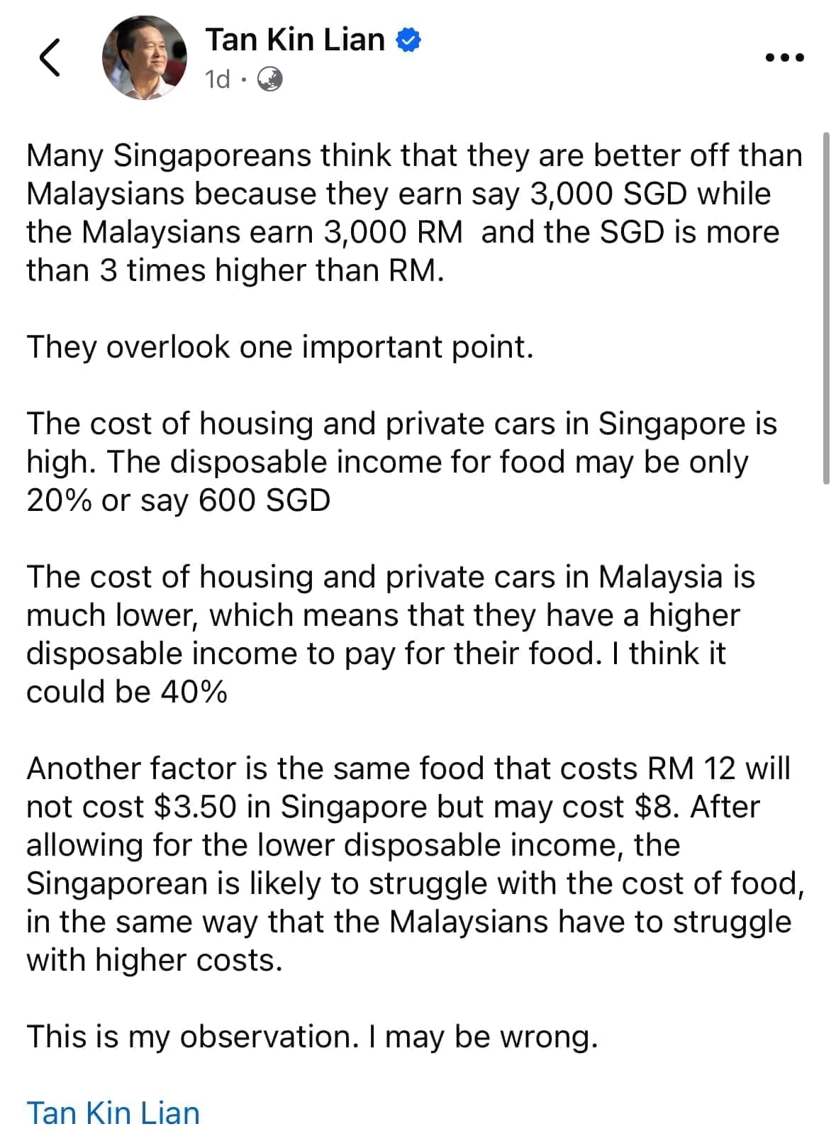 tan kin lian malaysia has more spending power compared to sg