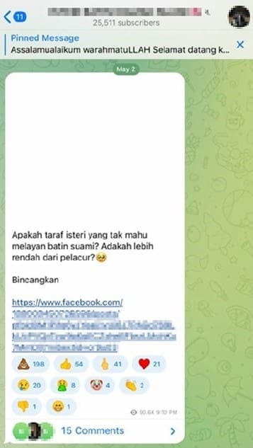 A screenshot of woman who tells wives to serve their husband like prostitutes on Telegram.