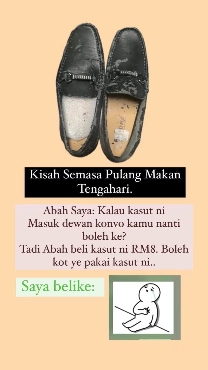 A screenshot of a son's heartfelt note about the shoe that his father bought to wear for his son's graduation