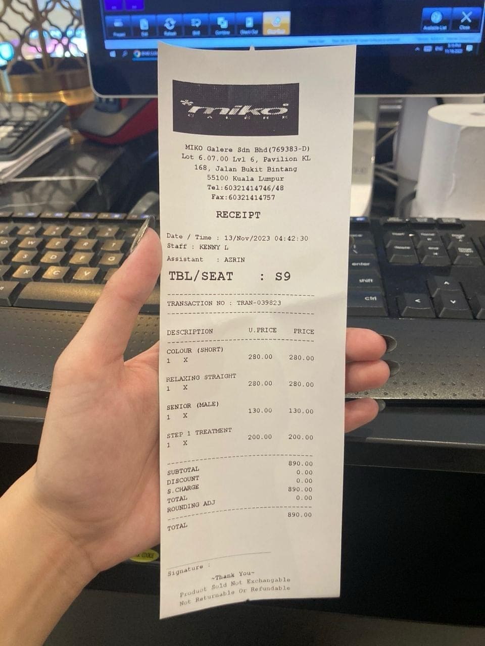 Details of RM890 hair salon bill