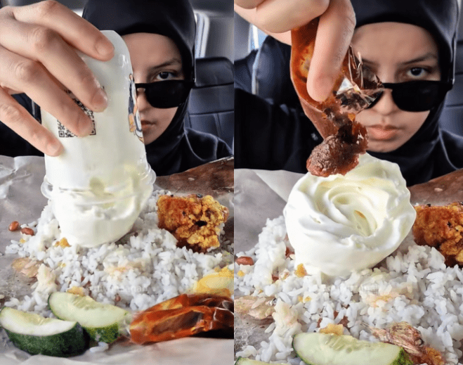 Woman adds ice cream and sambal to nasi lemak