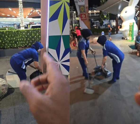 Woman cleaning up rubbish left by M'sians in Hatyai